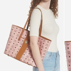 MCM Pink Logo Tote with Tan Leather Trim